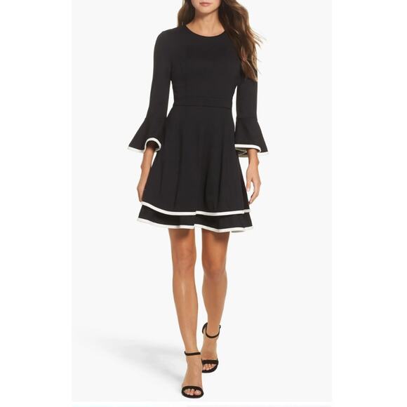 Eliza J Long Bell Sleeve Fit Flare Mini Dress Black White Cocktail Tiered Skirt - Picture 1 of 11